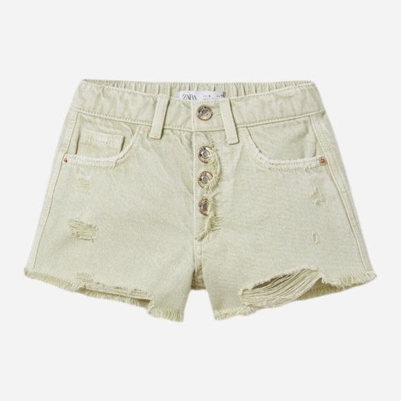 Zara Girls 7 Pale Green Wash Distressed Snap Denim High Rise Shorts 1879/603 - Picture 9 of 11